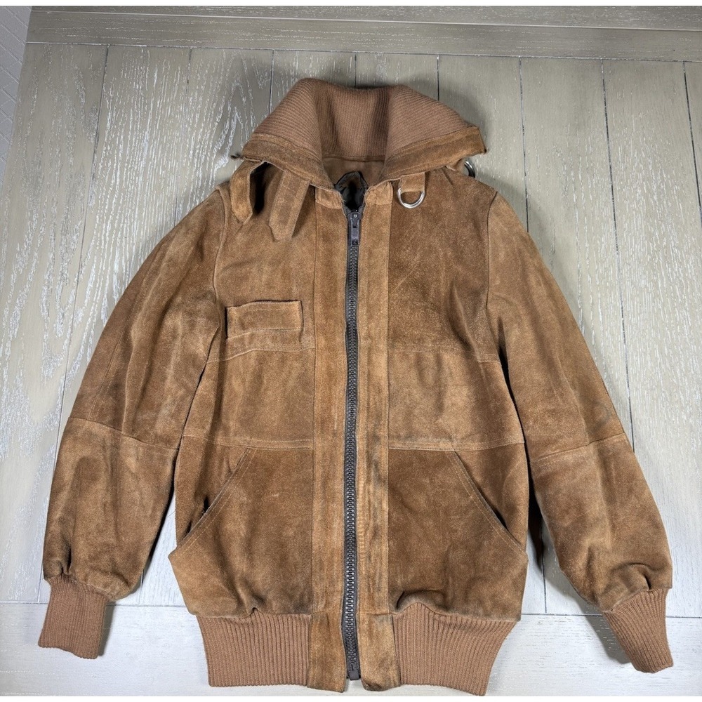Vintage Suede Bomber Jacket Mens Size Small Tan Brown D Ring Collar Y2K Workwear